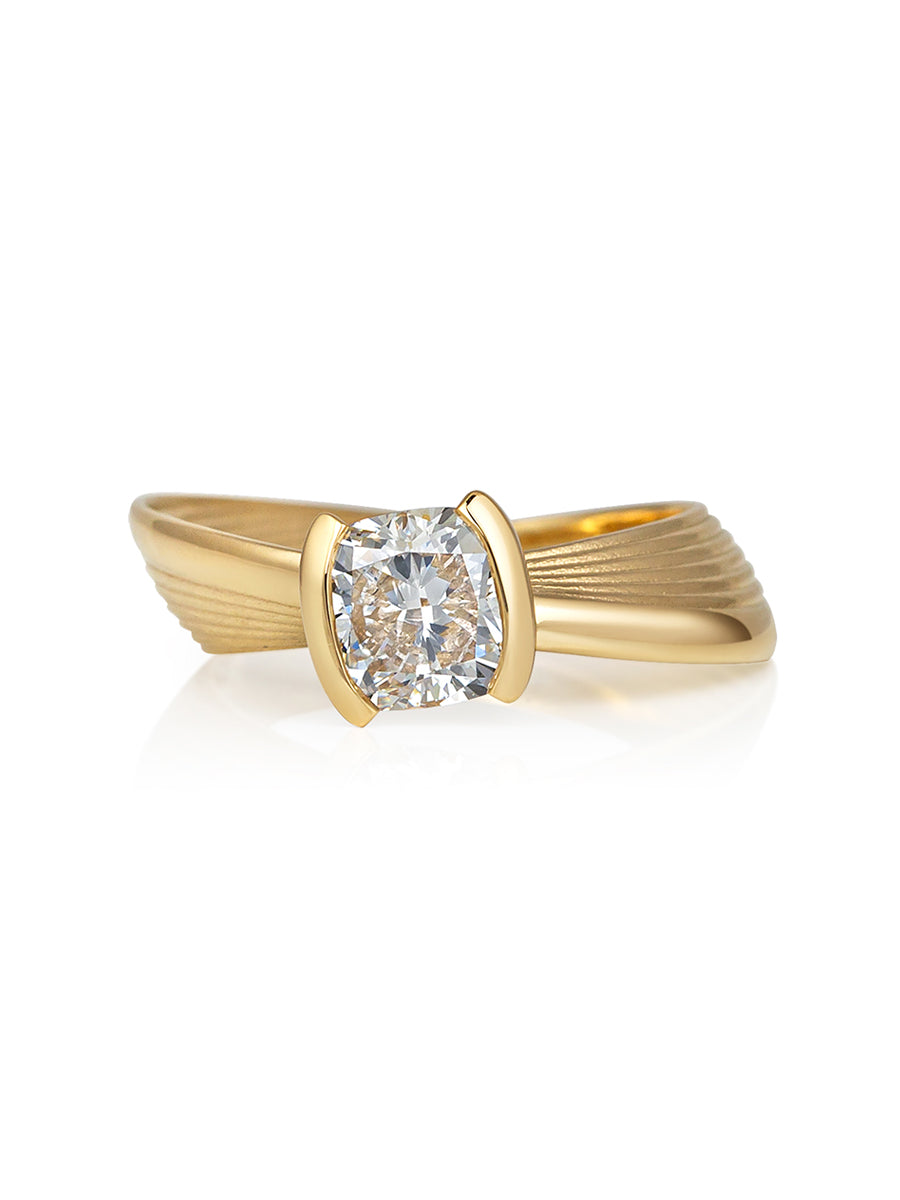 Vortex Engagement Ring - 18K Yellow Gold and cushion cut diamond